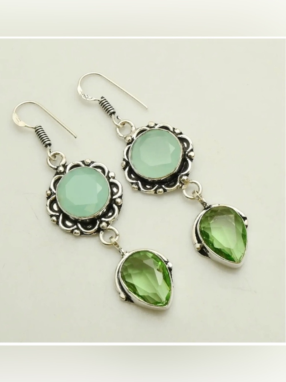 Beautiful, 2 inch, 925 marked, Chalcedony and Peridot earrings .